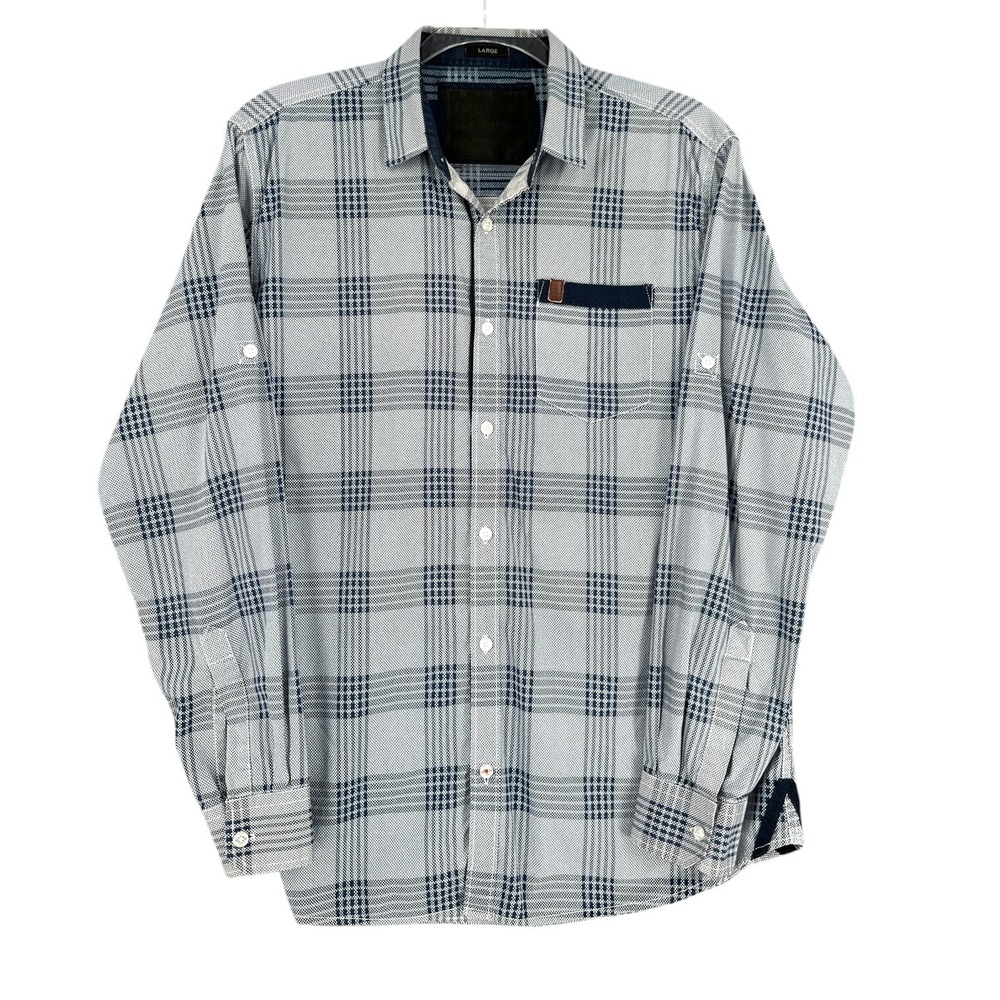 PURE Button Down Shirt Mens Large Blue White Plaid Long Sleeve